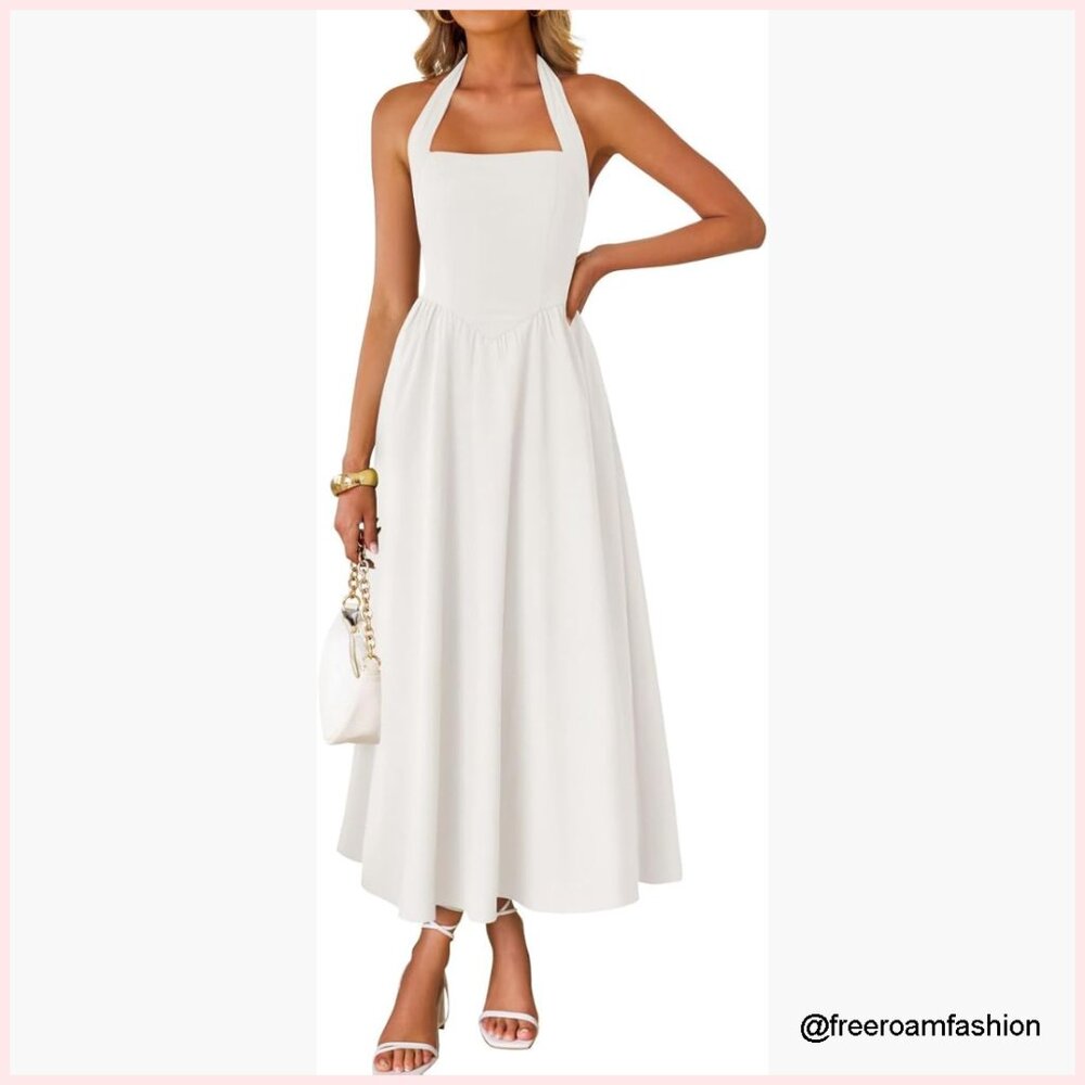 Sleeveless Halter Midi Dress High Waist Flowy Beach Wedding Guest